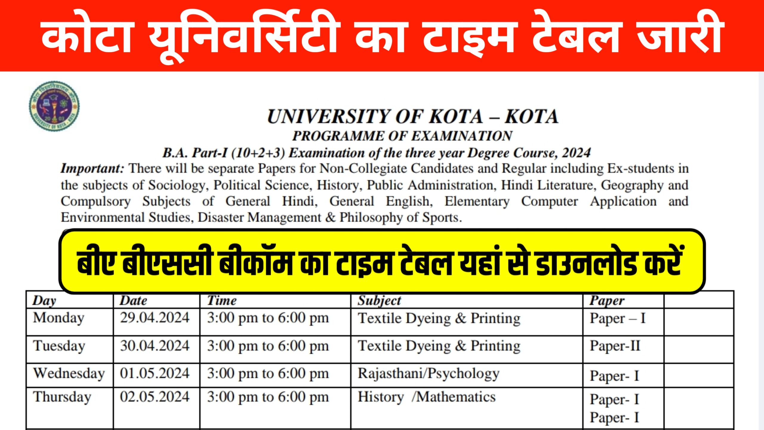 Kota University UG Time Table